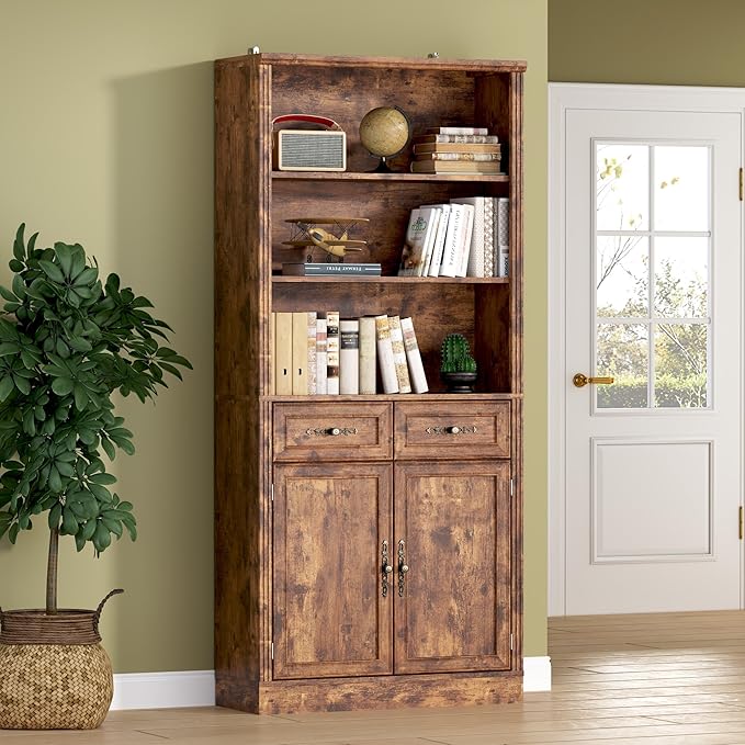 71.4" Tall Bookshelf with Drawers & Cabinet, 5-Tier Floor Standing Bookcase with Storage Doors, Adjustable Shelves & Metal Handles, 31.5" Wide Organizer for Home Office, Living Room