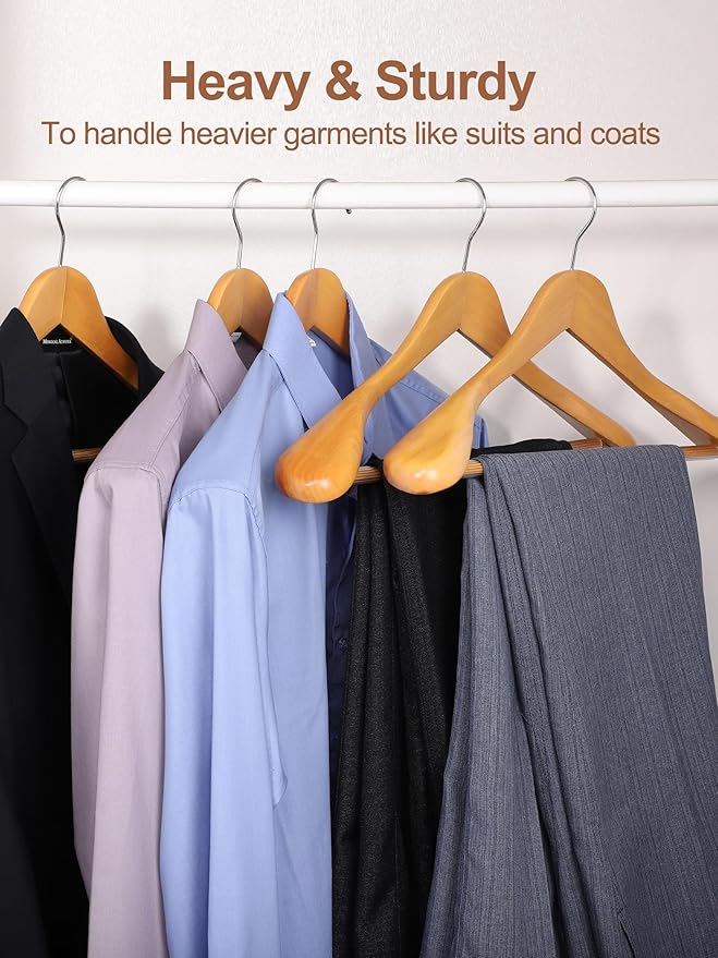HOUSE DAY Wide Shoulder Wooden Hangers 12 Pack, Wood Suit Hangers for Men with Non Slip Pants Bar, Smooth Finish Solid Wood Coat Hanger for Jacket, Pants, Dress, Heavy Clothes Hangers (Natural)