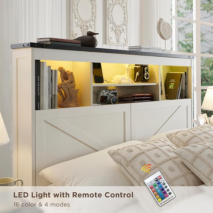 ACCOHOHO King Bed Frame Farmhouse with 52" Storage Bookcase Headboard, 4 Drawers Wooden Bed Frame, LED Light, Charging Station - White