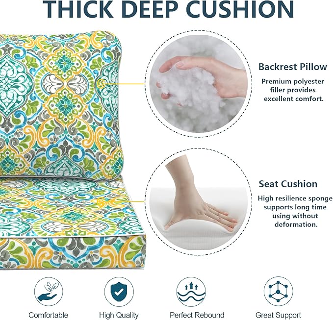 Outdoor Deep Seat Cushions Set 24 x 24 Inch for Patio Furniture,Water Resistant Chair Cushions Replacement Includes Seat Cushion & Back Pillow for Couch Sofa, Wicker Chair - Damask Green