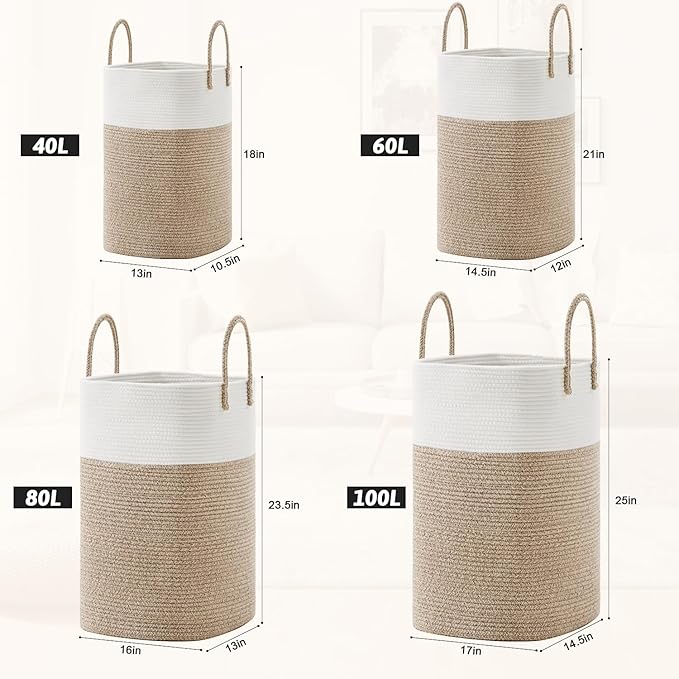 Laundry Basket,Woven Cotton Rope Laundry Hamper,Versatile Storage for Dirty Clothes,Baby Toys,and Blankets in Bathroom, Nursery,and Living Room (Brown, 100L)