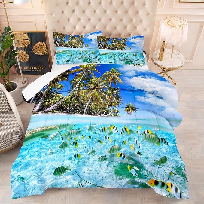 Tailor Shop Coastal Comforter Sets Coastal Bedding Sets Queen Size Beach Themed Fish Bedding Set Sea Ocean Bed Sets with 1 Comforter 2 Pillowcases…