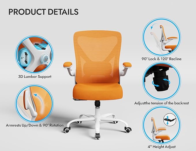 Ergonomic Office Chair - X-Shaped Computer Desk Chair Comfy, Gaming Chair, Office Chair with Lumbar Support, Mesh Office Chairs, Desk Chair for Long Hours(White-Orange)