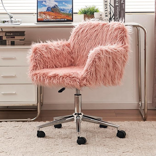 Goujxcy Fluffy Desk Chair, Pink Faux Fur Vanity Chair Swivel Office Chair for Girls Women, Height Adjustable Cute Plush Furry Makeup Chairs for Bedroom Home Office