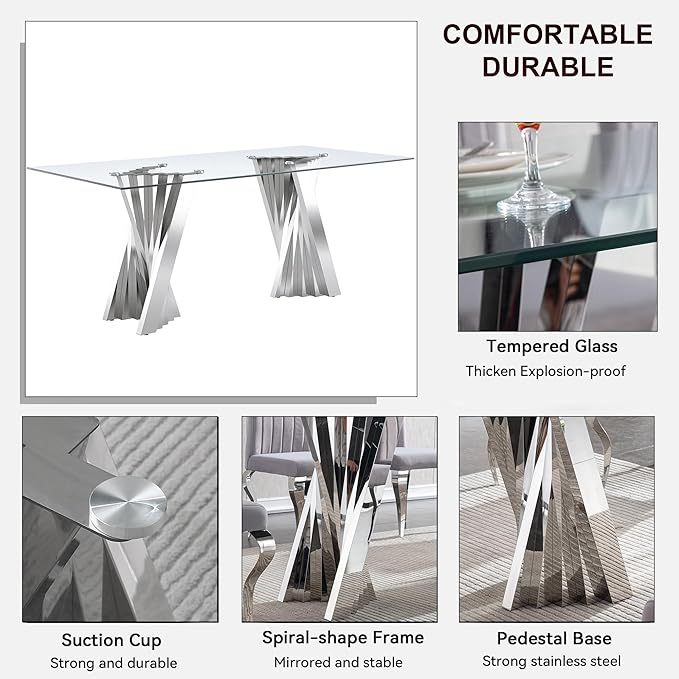 Goujxcy 70" Glass Dining Table Set for 4, Modern Silver Dining Table Set with 4 Grey Velvet Upholstered Dining Chairs, 5 Piece Kitchen Dining Room Table Set with Stainless Steel Legs