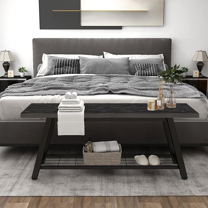 Industrial Entryway Bench Rustic Wood and Metal Storage Bench for Indoor Living Dining Room Bedroom Long Shoe Benches Seat (Charcoal Black)