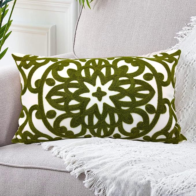 Alysheer Embroidered Lumbar Decorative Throw Pillow Cover 12"x 20", Classic Boho Mandala Embroidery Pattern Cotton Rectangular Cushion Case for Sofa Couch Living Room Bedroom(Olive Green)
