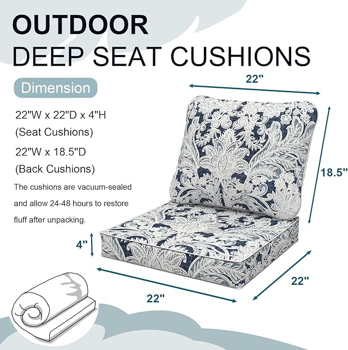 Outdoor Deep Seat Cushions Set 22 x 22 Inch for Patio Furniture,Water Resistant Chair Cushions Replacement Includes Seat Cushion & Back Pillow for Couch Sofa, Wicker Chair - Damask Lapis