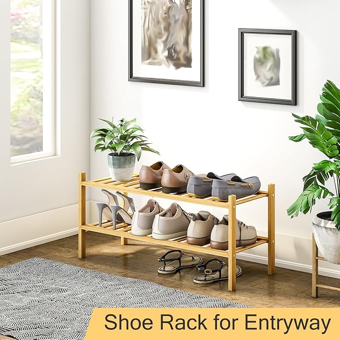 2-Tier Bamboo Shoe Rack for Entryway, Stackable | Heavy Duty | Multi-Function, Free Standing Shoe Racks for Bedroom Hallway Closet