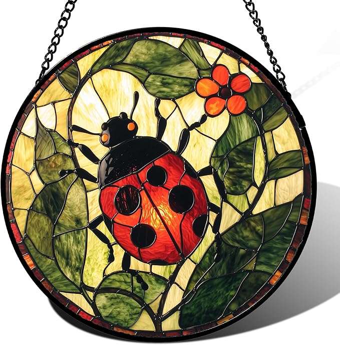 Stained Glass Window Hanging - Red Ladybug Green Plant Flower Sun Catcher for Door Home Decor Insect Suncatcher Christmas Mother's Day Birthday Gifts for Women Men Mom Nana 7.8 in