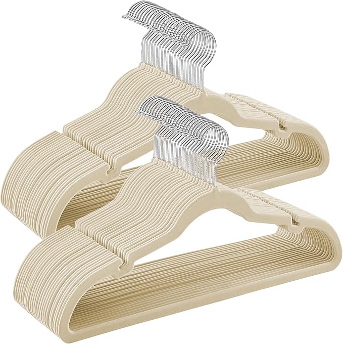 SONGMICS Velvet Hangers 50 Pack, Non-Slip Clothes Hangers, Suit Hangers with Shoulder Notches, Pants Bar, 360° Swivel Hook, Space-Saving, for Closet, Surmmer Sand UCRF029K05