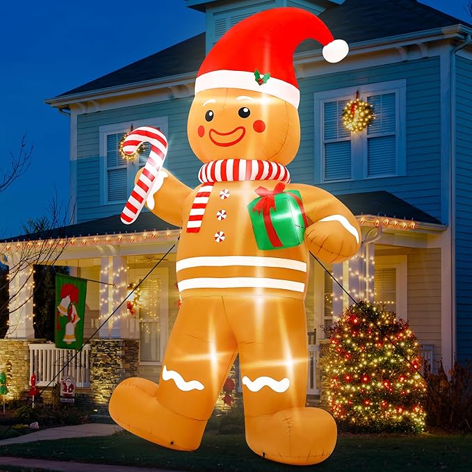 12FT Christmas Inflatables, Giant Blow Up Christmas Gingerbread Man Decorations, Lighted Up Xmas Gingerbread with Red Hat and Candy Cane, Pre-lit Christmas Archway Inflatable Decor for Yard Lawn