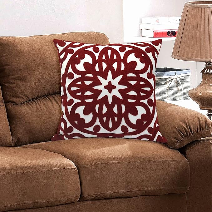 Alysheer Embroidered Decorative Throw Pillow Cover 18x18 inch, Classic Boho Mandala Knit Pattern, Cozy Soft 100% Cotton Canvas Fall Cushion Case for Sofa Couch Living Room (Burgundy Red)