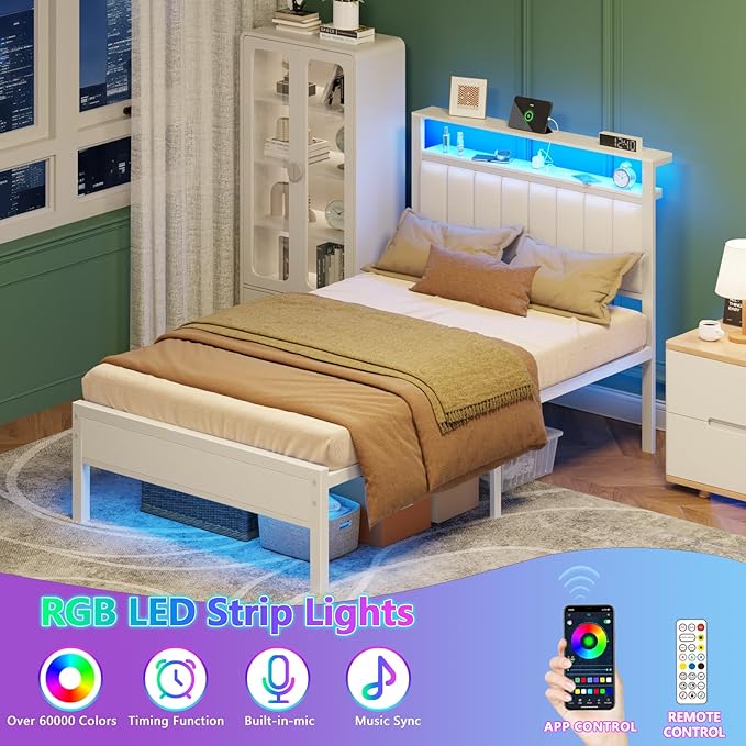 Furnulem Twin Size Bed Frame with Charging Station & LED Lights, Modern Platform Bed with 2-Tier Storage Shelves, White PU Leather Upholstered Headboard, No Box Spring Needed, Metal Slats Support