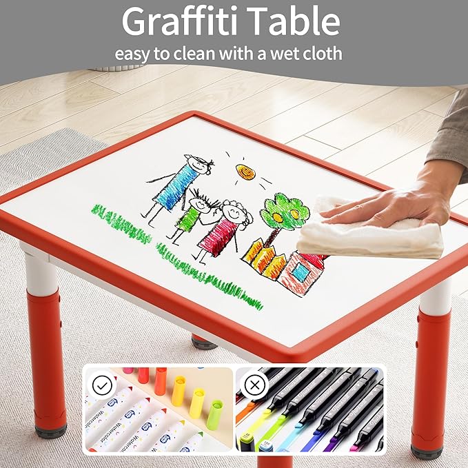 Toddler Table and 2 Chairs, Kids Table and Chair Set Height Adjustable, 31.5''L x 23.6''W Multifunctional Graffiti Desktop for Reading, Drawing, Eating, for Girls & Boys Age 2-10, Red