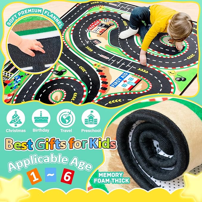 Kids Rug, Race Track Baby Play Mats, Realistic 3D Cascading Surround Route, 4x6 Ft Kids Rug for Playroom, Great for Playing with Cars and Toys, Non-Slip Car Carpet