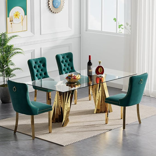 Goujxcy 70" Glass Dining Table Set for 4, Modern Gold Dining Table Set with 4 Green Velvet Upholstered Dining Chairs, 5 Piece Kitchen Dining Room Table Set with Stainless Steel Legs