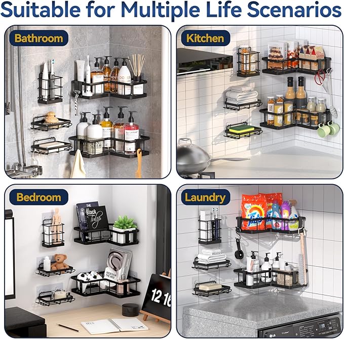 YASONIC Corner Shower Caddy Organizer, 5-Pack Adhesive Rustproof Stainless Steel Shower Shelves with Soap Holder, No Drilling Shower Storage Rack for Family Renters Bathroom, Black