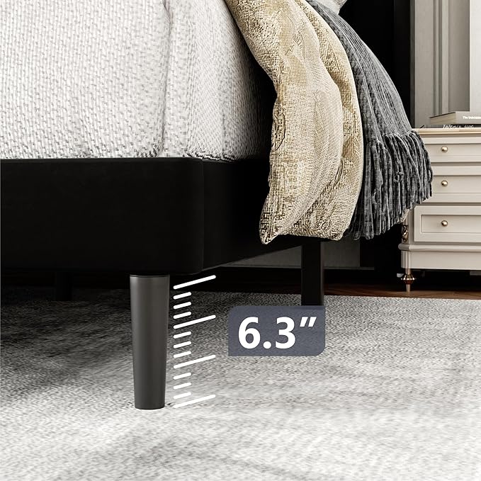 King Size Bed Frame with Wingback Headboard, Upholstered Platform Bed, No Box Spring Needed, Sturdy Wooden Slat Support, Easy Assembly, Black