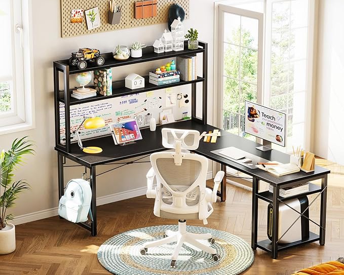 ODK 59 Inch L Shaped Gaming Desk with Hutch, Computer Desk with Storage Shelves, L Shaped Desk for Home Office, Corner Desk with Headphone Hook, Black