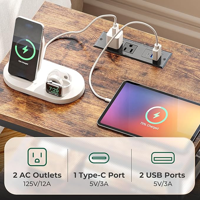 Huuger Night Stand with Charger Station and LED Lights, 4 Drawer Nightstand, Bed Side Table with Open Shelf, End Table, Fabric Dresser for Bedroom, Rustic Brown