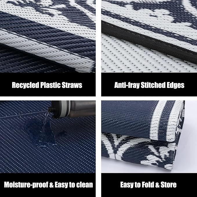 Outdoor Patio Rug 5'x8' Waterproof Outside Area Rugs Blue Reversible Plastic Straw Carpet for RV Deck Camping Entryance Porch Picnic Balcony Beach