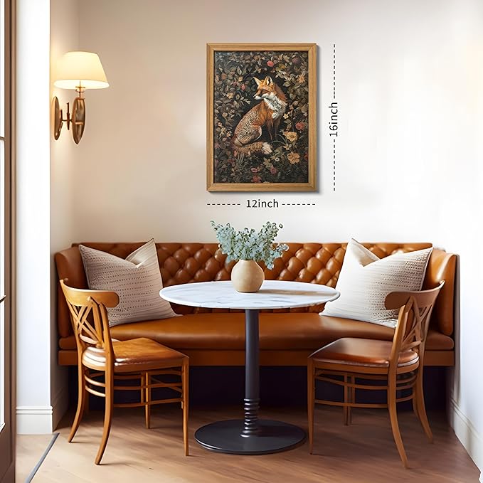 AKWISH Framed 3D Textured Vintage Wall Art - Dark Academia Decor Hand Drawn Sandstone Fox Paintings with Botanical Florals, Aesthetic Wall Decor for Living Room Bedroom Home 12x16 inch