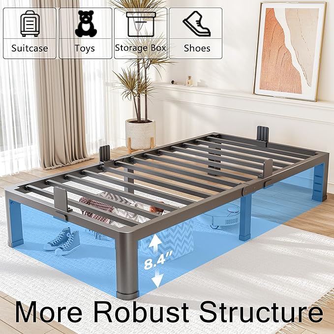 FUIOBYVV 10 Inch Twin Bed Frame with Rounded Corner and Headboard Hole Mattress Retainers 3500 LBS Metal Heavy Duty Steel Slats Support No Box Spring Needed Platform Noise Free Easy Assembly