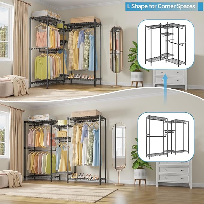 VIPEK L6 Heavy Duty Clothes Rack L Shape Clothing Rack 5-Tier Wire Garment Rack Freestanding Closet with 7 Adjustable Shelves & 4 Hanging Rods, 46.5" L x 46.5" W x 76.4" H, Max Load 850LBS, Black