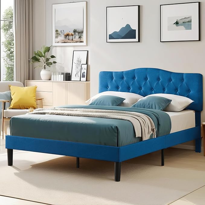 VECELO Queen Size Bed Frame Upholstered Platform with Tufted Adjustable Headboard/Mattress Foundation with Wood Slat Support, Easy Assembly,Blue