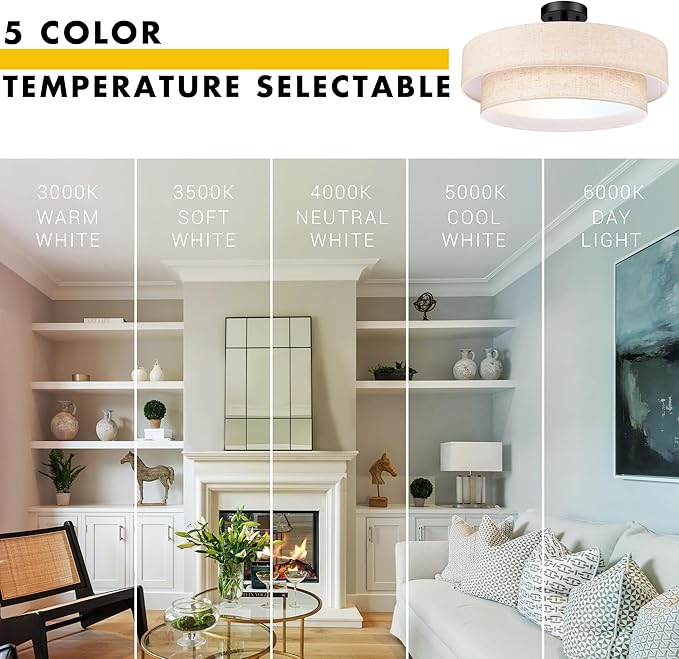 Hamilyeah 20 Inch Semi Flush Mount Round Ceiling Light Fixture, 48W LED With Fabric Shade, Dimmable Drum Double Layer 5CCT for Living Room, Office