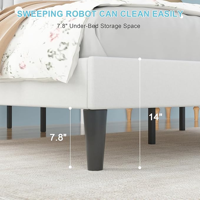 VECELO Full Size Bed Frame with Adjustable Headboard, Upholstered Button Tufted Platform Bedframe with Wood Slats Support, No Box Spring Needed, Linen & White