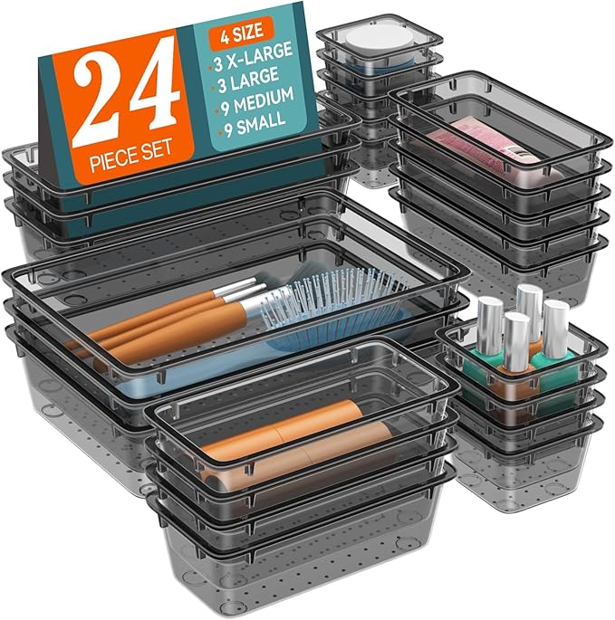 WOWBOX 24 PCS Clear Plastic Drawer Organizer Set, 4 Sizes Desk Drawer Organization and Storage Containers for Makeup, Cosmetics, Jewelry and Gadgets in Kitchen, Bathroom, Bedroom, Office, Clear Black