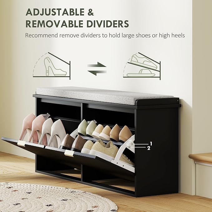 HOMCOM Shoe Bench with Padded Seat Cushion and 2 Flip-Drawers, Entryway Bench Holds up to 529lb, Shoe Cabinet, 40.9x10.2x18.7 Inches, Black