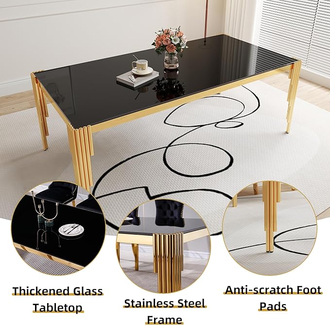 7 Piece Glass Dining Table Set, 78" Large Rectangle Tempered Glass Kitchen Table with 6 Black Velvet Upholstered Chairs, Dining Chairs Set of 6 for Kitchen, Living Room (Black, Gold)