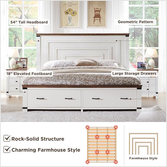 T4TREAM Farmhouse King Size Bed Frame with 54" Tall Geometric Headboard & 2 Large Storage Drawers, Rustic Wood Platform Bed with Wood Slats Support, No Box Spring Needed, Antique White