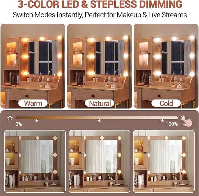 Vanity Desk with Mirror and Lights, Makeup Dressing Table w/Adjustable Bulbs, Outlets & USB Ports, Sturdy MDF Top & Metal Leg, Smart Storage Drawers & Cabinets for Bedroom