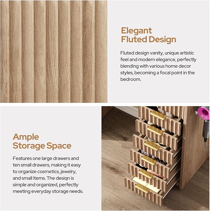 15 Drawers Fluted Vanity Desk with Glass Top, 47" Makeup Vanity with Large Mirror and 12 LED Lights, Dressing Table with Power Outlet for Bedroom, Natural