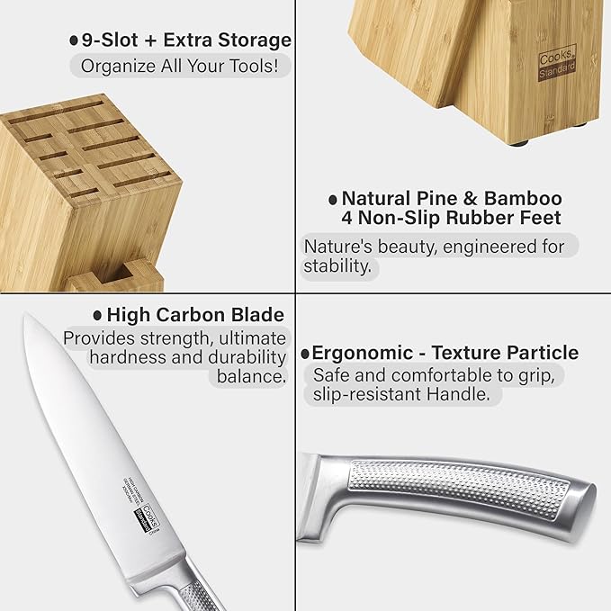 Cooks Standard Kitchen Knife Set with Block 6-Piece, Stainless Steel Forge High Carbon German Blade with Expandable Bamboo Storage Block for Extra Slots, Silver