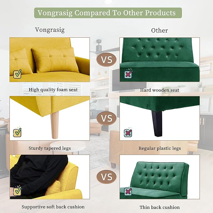 Vongrasig 47" Small Modern Loveseat Sofa, Mid Century Linen Fabric 2-Seat Sofa Couch Tufted Love Seat with Back Cushions and Tapered Legs for Living Room, Bedroom and Small Space (Yellow)