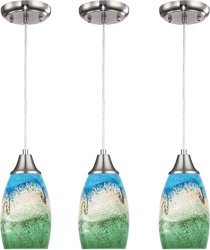 3pack Mini Pendant Lights Kitchen Island Hand Blown Art Glass Hanging Ceiling Pendant Light Over Kitchen Sink Glass Pendant Light Shade for Coffee Bar,Dining Room,Stairs Multi Color