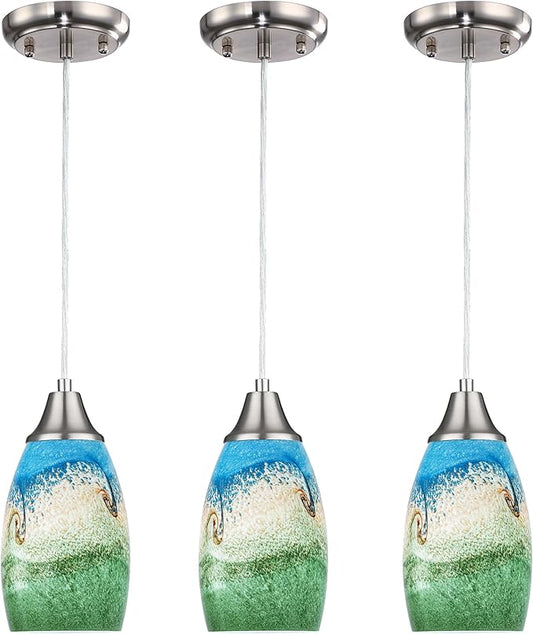 3pack Mini Pendant Lights Kitchen Island Hand Blown Art Glass Hanging Ceiling Pendant Light Over Kitchen Sink Glass Pendant Light Shade for Coffee Bar,Dining Room,Stairs Multi Color