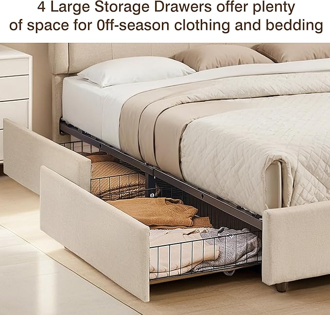 VECELO Queen Size Platform Bed Frame with 4 Storage Drawers,Fabric Upholstered Headboard and Wooden Slats Support,Built-in USB and Type C Ports, No Box Spring Needed,Easy Assembly