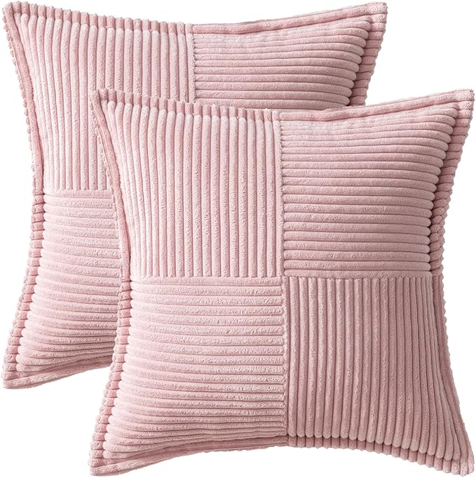MIULEE Decorative Throw Pillow Covers for Couch Bed Livingroom 20x20 Inch Set of 2 Pink Boho Accent Throw Pllows Broadside Striped Patchwork Soft Corduroy Pillowcases