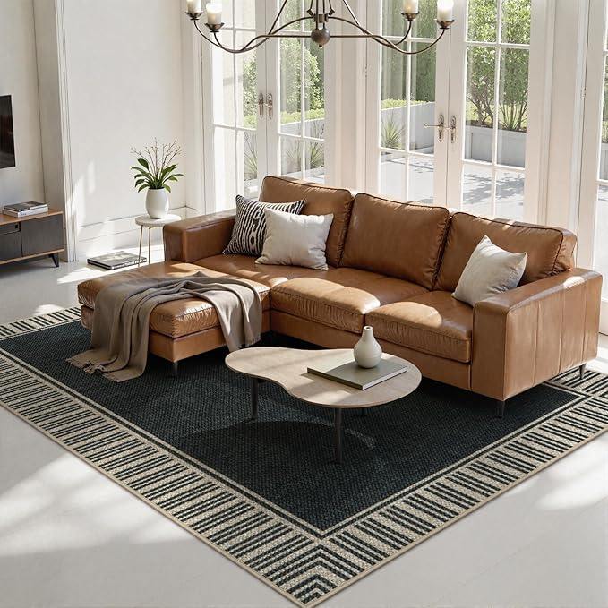 OJIA Easy Jute Outdoor Rug 8x10, Large Patio Rug Washable Area Rugs for Living Room Farmhouse Indoor Outdoor Carpet Striped Border Modern Non-Slip Black Rug for Bedroom Backyard Office Decor