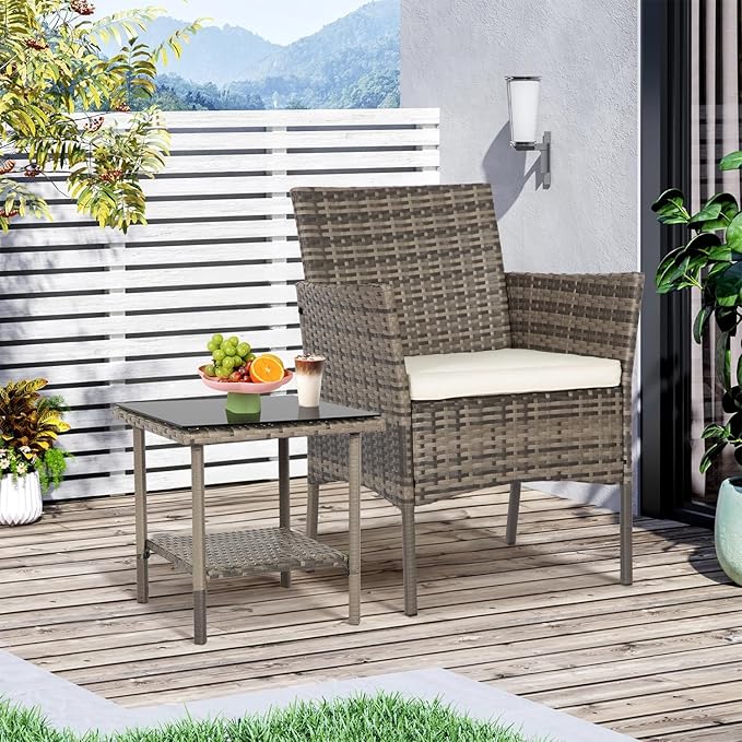 FDW 3 Piece Outdoor Furniture Set Patio Gray Wicker Chairs Furniture Bistro Conversation Set 2 Rattan Chairs with Khaki Cushions and Glass Coffee Table for Porch Lawn Garden Balcony Backyard