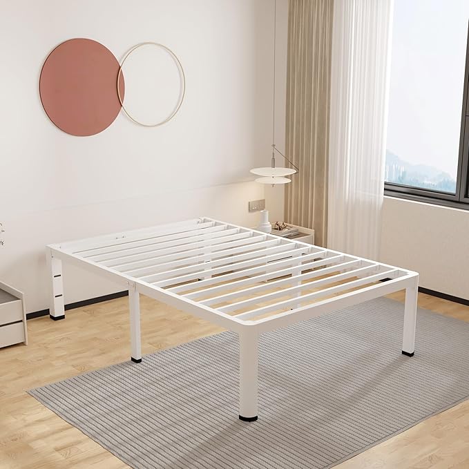 ROIL 18 Inch White Twin Size Bed Frame with Rounded Corner and Headboard Hole Mattress Retainers 3500LBS Heavy Duty Steel Slats No Box Spring Needed Platform Noise-Free Easy Assembly