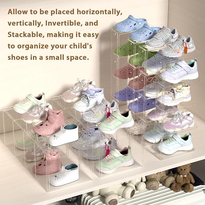 Acrylic Kids Shoe Rack - 4 Pack Clear Shoe Organizer for Toddlers & Children, Space-Saving Nursery Shoe Storage Shelf, Small Baby Shoes Display Rack for Closet/Entryway, for Desk File Book Organizer