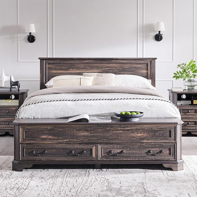 T4TREAM Farmhouse Queen Bed with Headboard and Storage Bench, Rustic Wood Platform Bed with 64" Storage Chest w/ 4 Large Drawer, Dark Rustic Oak