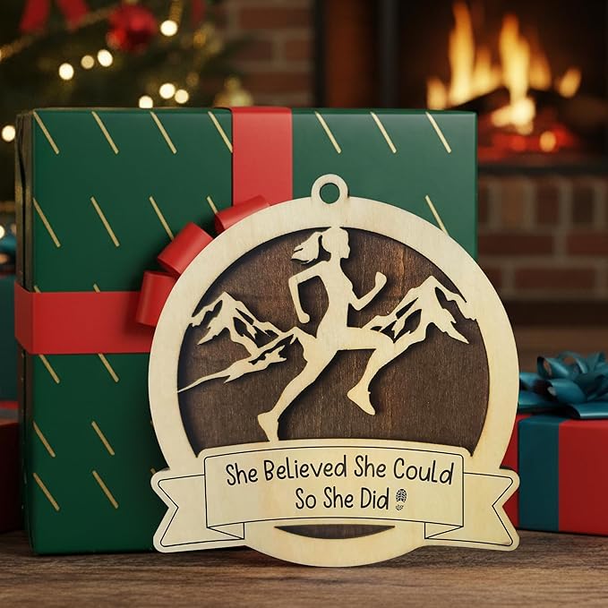 Running Christmas Ornament 2025-2 Layer Wooden Running Ornaments for Christmas Tree - Runner Ornament 2025 - Gifts for Runners, Cross Country Athlete - Marathon Runners Wooden Xmas Tree Hanging Decor